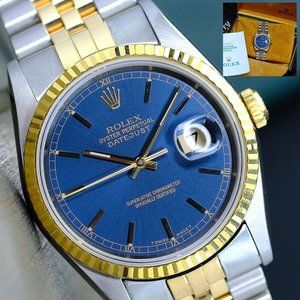 ROLEX MENS DATEJUST WATCH GOLD STEEL FACTORY BLUE DIAL FLUTED 36MM 16233